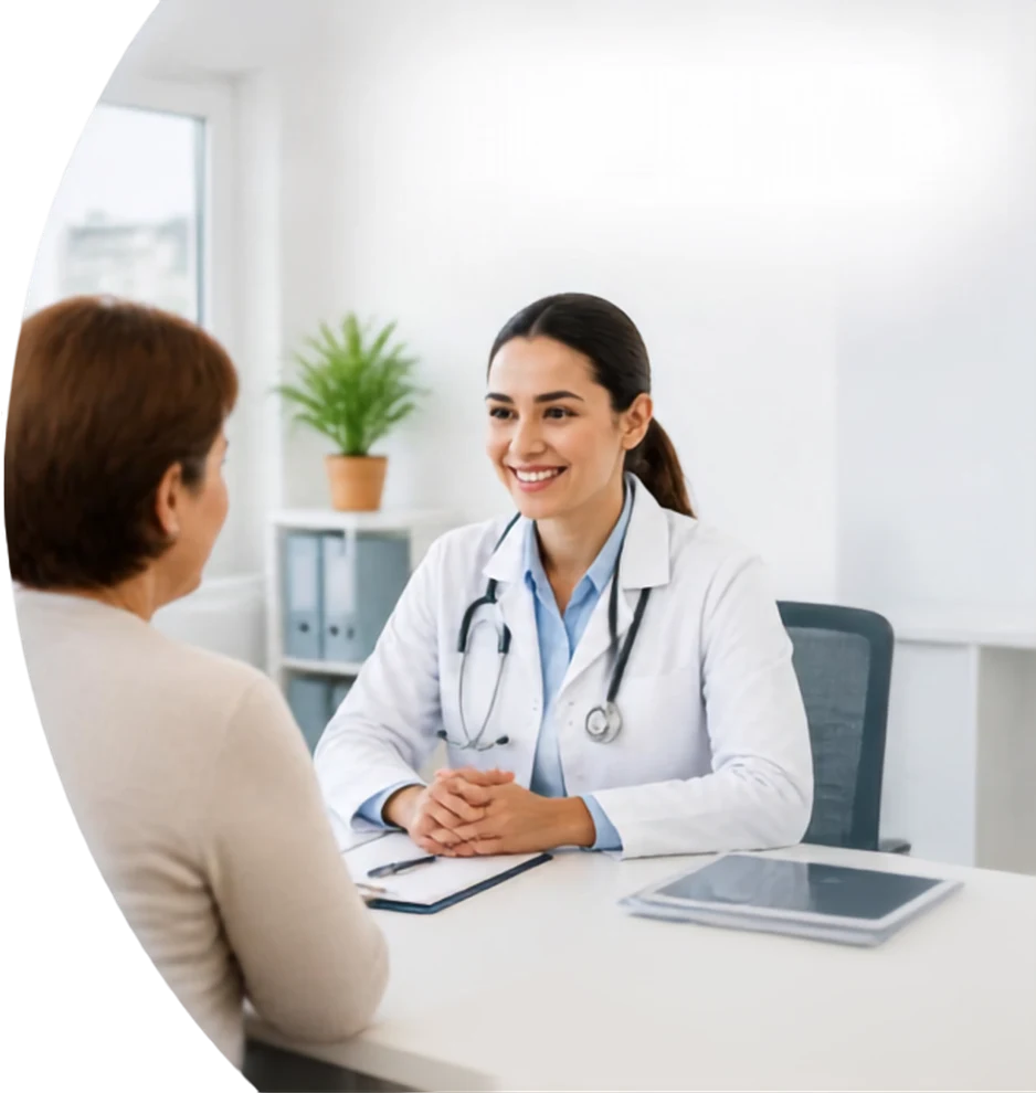 Profissional de saúde atende uma paciente no consultório